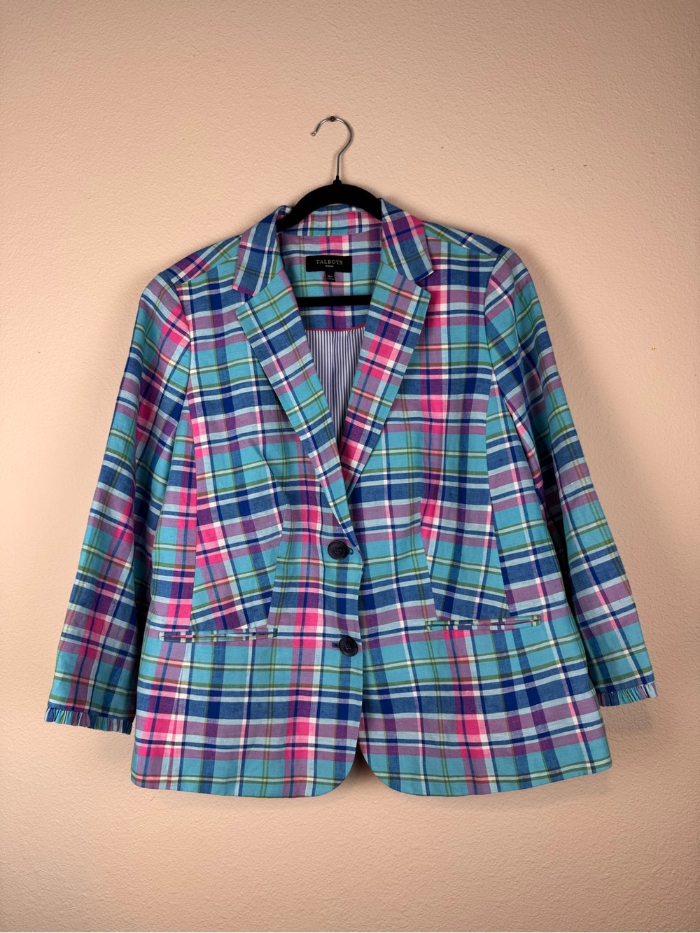 Talbots Woman 16W Linen Cotton Madras Plaid Blazer Jacket Preppy Multicolor